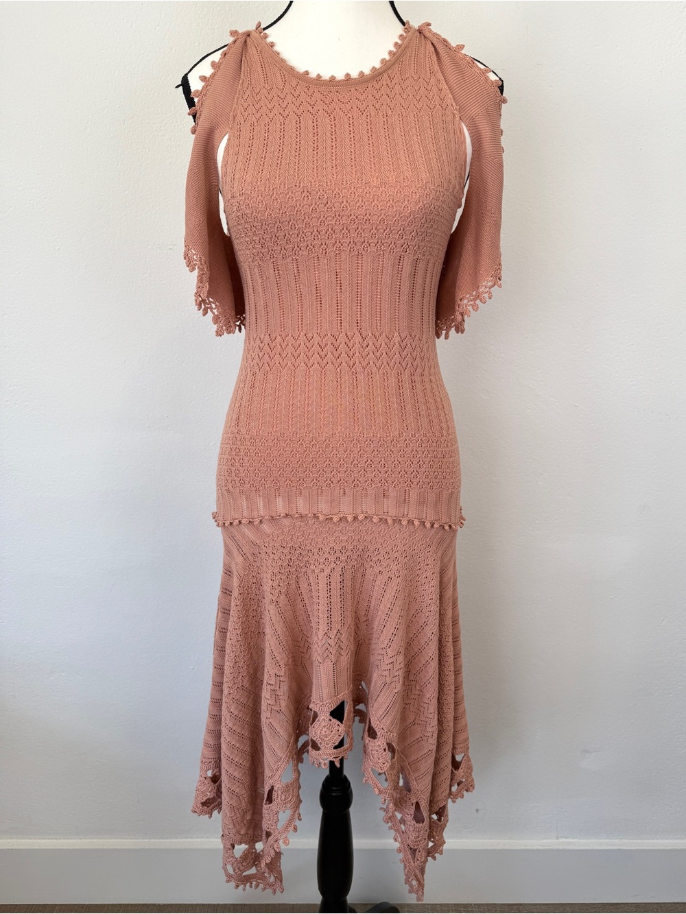 Jonathan Simkhai Size Small Cold Shoulder Crochet Knit Blush Pink Midi Dress